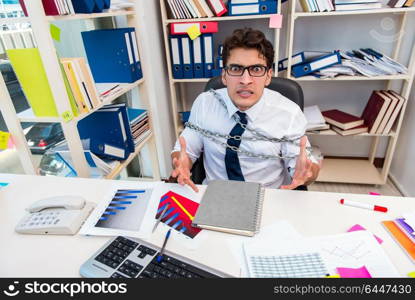 Employee attached and chained to his desk with chain