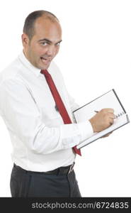 employee holding black notebook and pen on white background