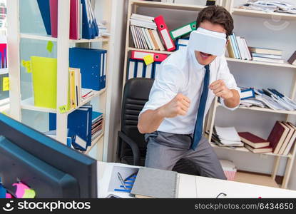 Employee watching movie on vr virtual reality glasses