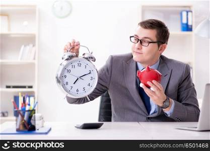 Employee with piggybank in time management concept