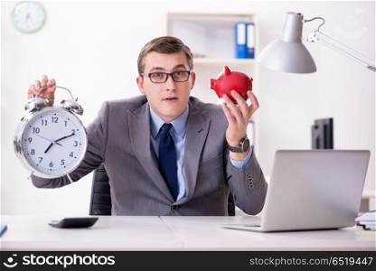 Employee with piggybank in time management concept