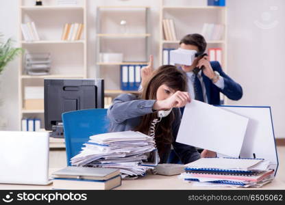 Employee with virtual reality glasses in office