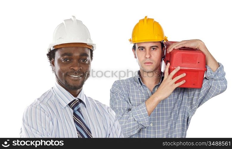 Employees of the construction isolated on white
