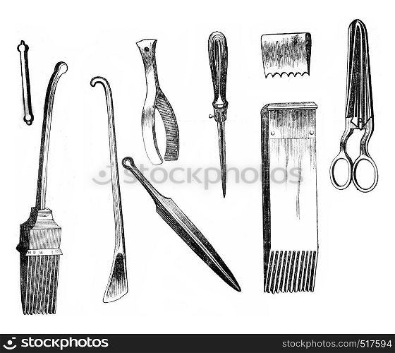 Employees tools for making tapestries and rugs, vintage engraved illustration. Magasin Pittoresque 1845.