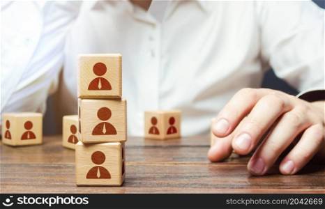 Employer recruits employees. Assemble a team from the submitted candidates and new workers. Staff and Human Resource Management. Team building, teamwork cooperation. Employment. Personnel selection