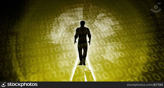 Empowered by Technology with Man Standing in Digital Portal. Empowered by Technology