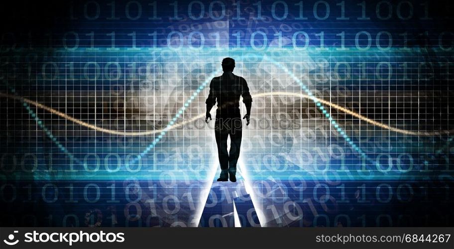 Empowered by Technology with Man Standing in Digital Portal. Empowered by Technology. Empowered by Technology