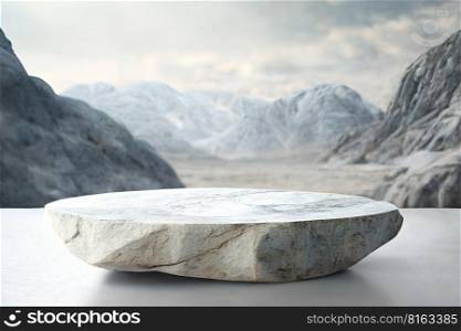 Empry marble stage with mountains on background. Empty background for product presentation, mockup. Generative Ai image. Empry marble stone podium with mountains on background