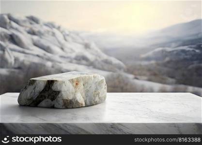 Empry marble stone podium with mountains on background. Empty background for product presentation, mockup. Generative Ai image. Empry marble stone podium with mountains on background