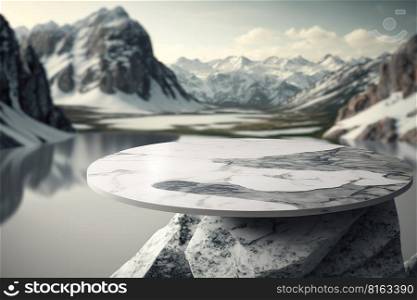 Empry marble stone podium with mountains on background. Empty background for product presentation, mockup. Generative Ai image. Empry marble stone podium with mountains on background