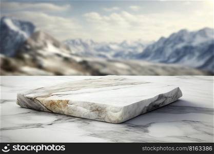 Empry marble stone presentation stage with mountains on background. Empty background for product presentation, mockup. Generative Ai image. Empry marble stone stage with mountains on background