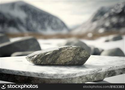 Empry stone podium with mountains on background. Empty background for product presentation, mockup. Generative Ai image. Empry stone podium with mountains on background
