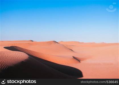 Emptiness exotic sand dune scenery in Al Wathba desert under evening light with clear sky. Vase Landscape near Dubai - Abu Dhabi, UAE