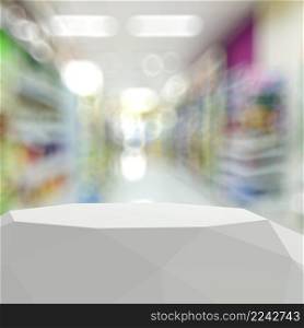 Empty abstract laminate shelf and blurred background for product presentation