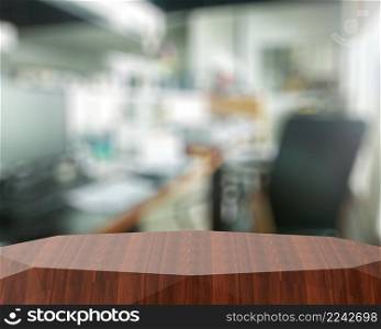 Empty abstract wooden shelf and blurred background for product presentation