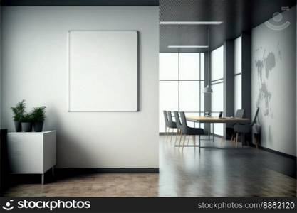 Empty advertising billboard frame on wall in office lobby copy space for mock up design template. Peculiar AI generative image.. Empty advertising billboard frame on wall in office lobby copy space for mock up