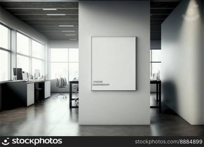 Empty advertising billboard frame on wall in office lobby copy space for mock up design template. Peculiar AI generative image.. Empty advertising billboard frame on wall in office lobby copy space for mock up