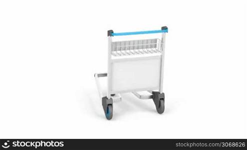 Empty airport trolley rotates on white background