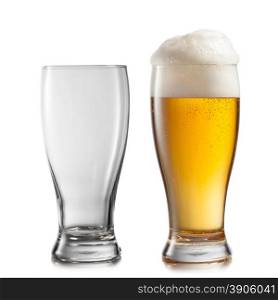 Empty and full glasses of beer isolated on white background