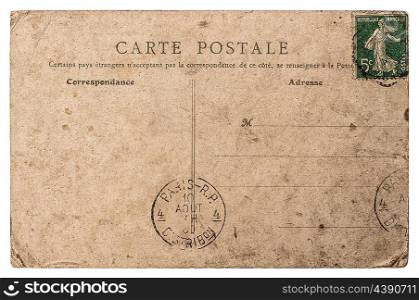 Empty antique french postcard from Paris. Vintage retro style paper background