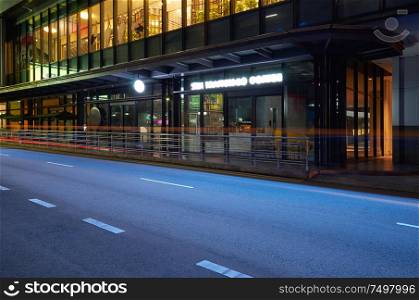 Empty asphalt urban street road with light trail , night scene