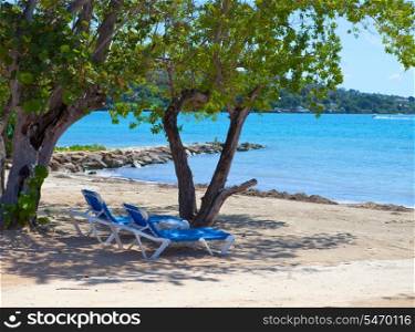 Empty beach chairs in a shadow of trees at the sea. Jamaica