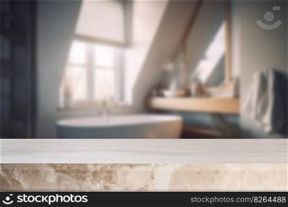Empty beige marble table top and blurred bathroom interior on the background. Copy space for your object, product, cosmetic presentation. Generative AI. Empty beige marble table top and blurred bathroom interior on the background. Copy space for your object, product, cosmetic presentation. Generative AI.