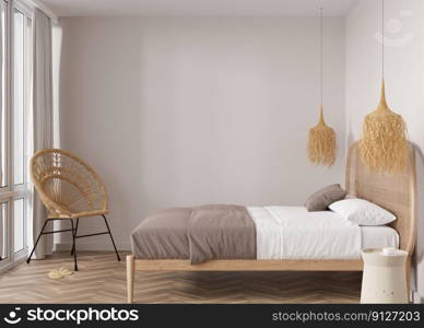 Empty beige wall in modern bedroom. Mock up interior in boho style. Free, copy space for your picture, text, or another design. Bed, rattan armchair. 3D rendering. Empty beige wall in modern bedroom. Mock up interior in boho style. Free, copy space for your picture, text, or another design. Bed, rattan armchair. 3D rendering.