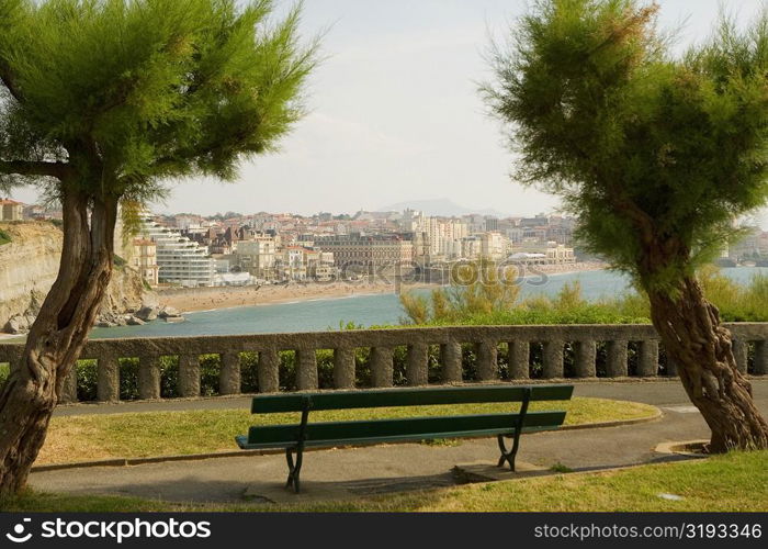 Empty bench in a garden, St. Martin, Grande Plage, Biarritz, France