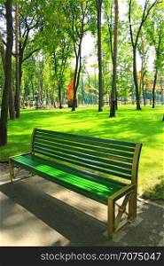 Empty bench in beautiful park with many green trees. Summer park with place for rest. bench in beautiful park with many green trees