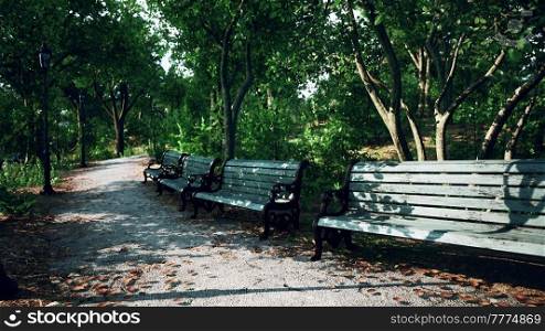 Empty benches at public park during curfew cause of Corona Virus quarantine