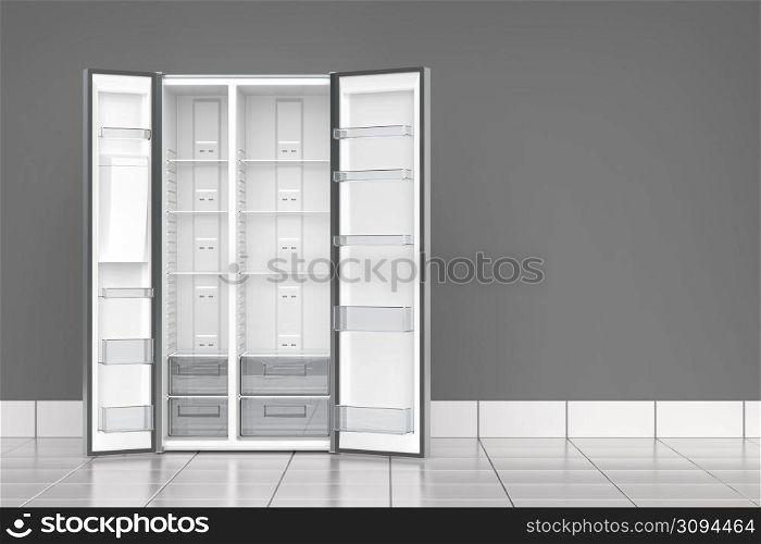 Empty big refrigerator in the kitchen, front view