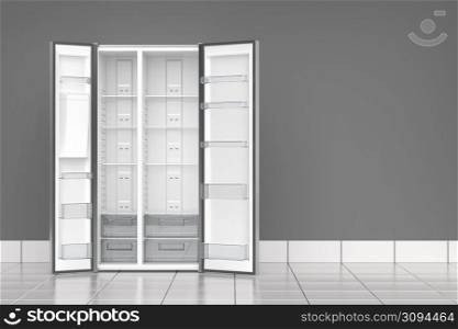 Empty big refrigerator in the kitchen, front view