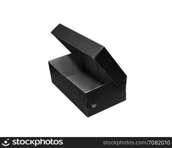 Empty black Cardboard box with opened lid isolated on white background. With clipping path.. Cardboard box with lid isolated on white background