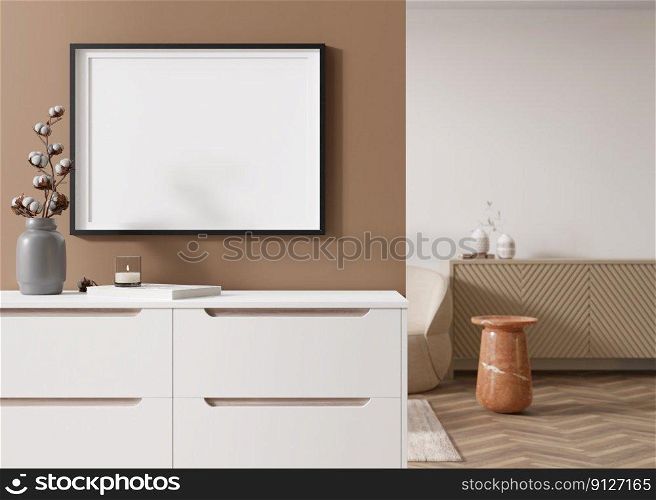 Empty black horizontal picture frame on brown wall in modern living room. Mock up interior in contemporary style. Free, copy space for your picture, poster. Sideboard, vase, cotton plant. 3D render. Empty black horizontal picture frame on brown wall in modern living room. Mock up interior in contemporary style. Free, copy space for your picture, poster. Sideboard, vase, cotton plant. 3D render.