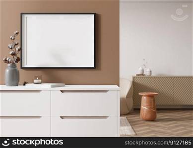 Empty black horizontal picture frame on brown wall in modern living room. Mock up interior in contemporary style. Free, copy space for your picture, poster. Sideboard, vase, cotton plant. 3D render. Empty black horizontal picture frame on brown wall in modern living room. Mock up interior in contemporary style. Free, copy space for your picture, poster. Sideboard, vase, cotton plant. 3D render.