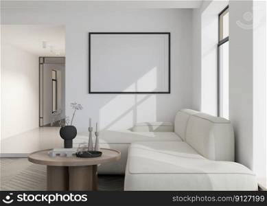 Empty black horizontal picture frame on white wall in modern living room. Mock up interior in contemporary style. Free, copy space for your picture, poster. Sofa, table with vase. 3D rendering. Empty black horizontal picture frame on white wall in modern living room. Mock up interior in contemporary style. Free, copy space for your picture, poster. Sofa, table with vase. 3D rendering.
