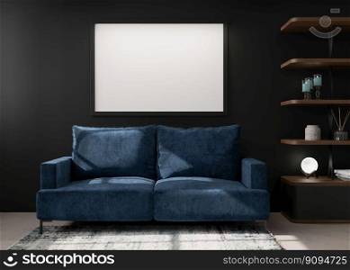 Empty black picture frame on black wall in modern living room. Mock up interior in contemporary style. Free space, copy space for your picture, poster. Blue sofa. shelves, carpet. 3D rendering. Empty black picture frame on black wall in modern living room. Mock up interior in contemporary style. Free space, copy space for your picture, poster. Blue sofa. shelves, carpet. 3D rendering.
