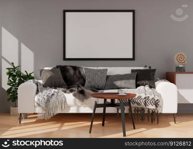 Empty black picture frame on black wall in modern living room. Mock up interior in contemporary style. Free space, copy space for your picture, poster. Blue sofa. shelves, carpet. 3D rendering. Empty black picture frame on gray wall in modern living room. Mock up interior in contemporary style. Free space, copy space for your picture, poster. Sofa, sideboard, plant. 3D rendering.