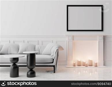 Empty black picture frame on white wall in modern living room. Mock up interior in classic style. Free space, copy space for your picture. White sofa, tables, fireplace with candles. 3D rendering. Empty black picture frame on white wall in modern living room. Mock up interior in classic style. Free space, copy space for your picture. White sofa, tables, fireplace with candles. 3D rendering.