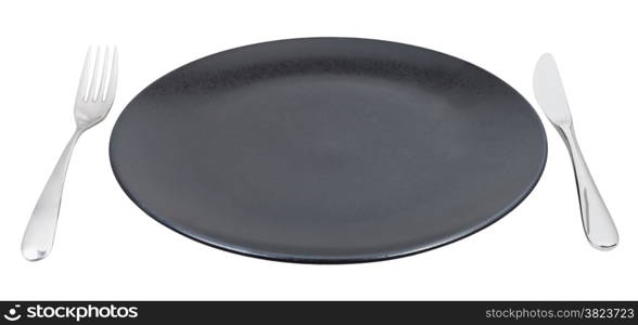 empty black plate with fork and knife isolated on white background