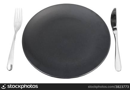 empty black plate with fork and knife set isolated on white background