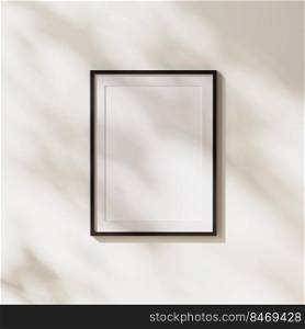 empty black vertical poster frame with mat mock up with leaves shadows and sunlight on white wall background, 3d rendering