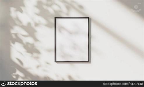 empty black vertical rectangular frame mock up with leaves shadows and sunlight on white wall background, 3d rendering