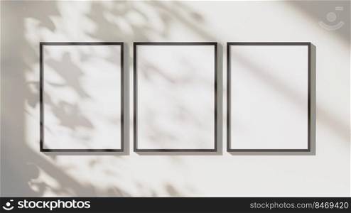 empty black vertical rectangular frames mock up with leaves shadows and sunlight on white wall background, 3d rendering