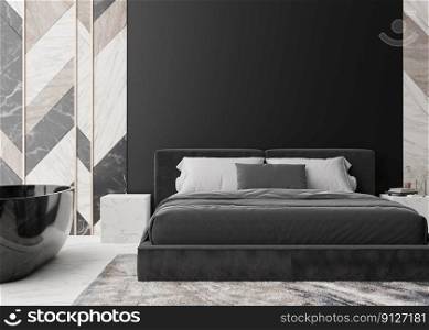 Empty black wall in modern bedroom. Mock up interior in contemporary style. Free, copy space for your picture, text, or another design. Bathtub in bedroom, marble wall panels. 3D rendering. Empty black wall in modern bedroom. Mock up interior in contemporary style. Free, copy space for your picture, text, or another design. Bathtub in bedroom, marble wall panels. 3D rendering.