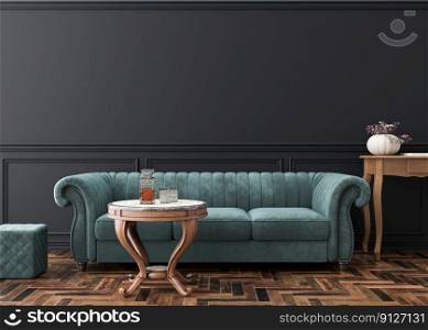 Empty black wall in modern living room. Mock up interior in classic style. Copy space for your picture, poster. Template for artwork. Blue velvet sofa, parquet floor, wall molding. 3D rendering. Empty black wall in modern living room. Mock up interior in classic style. Copy space for your picture, poster. Template for artwork. Blue velvet sofa, parquet floor, wall molding. 3D rendering.