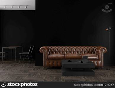 Empty black wall in modern living room. Mock up interior in contemporary style. Free space, copy space for your picture, text, or another design. Brown leather sofa, parquet floor. 3D rendering. Empty black wall in modern living room. Mock up interior in contemporary style. Free space, copy space for your picture, text, or another design. Brown leather sofa, parquet floor. 3D rendering.