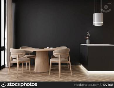 Empty black wall in modern living room. Mock up interior in contemporary style. Free, copy space for your picture, text, or another design. Dining table with chairs, kitchen, parquet floor. 3D render. Empty black wall in modern living room. Mock up interior in contemporary style. Free, copy space for your picture, text, or another design. Dining table with chairs, kitchen, parquet floor. 3D render.