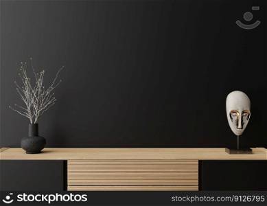 Empty black wall. Mock up interior in contemporary style. Close up view. Free space, copy space for your picture, text, or another design. Sideboard, vase, sculpture. 3D rendering. Empty black wall. Mock up interior in contemporary style. Close up view. Free space, copy space for your picture, text, or another design. Sideboard, vase, sculpture. 3D rendering.